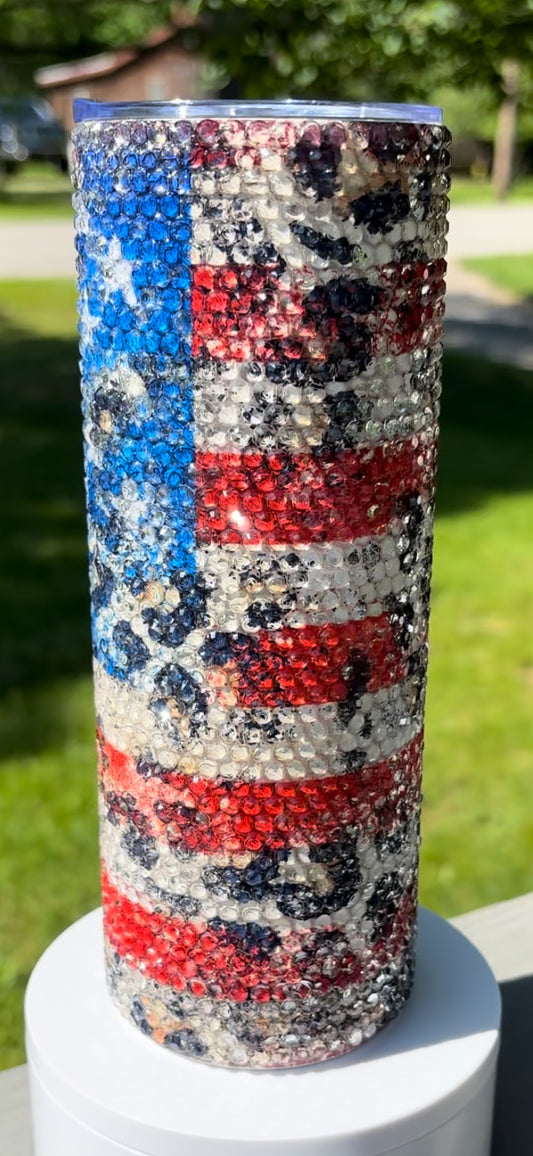 Leopard Printed American FlagRhinestone 20oz Tumbler