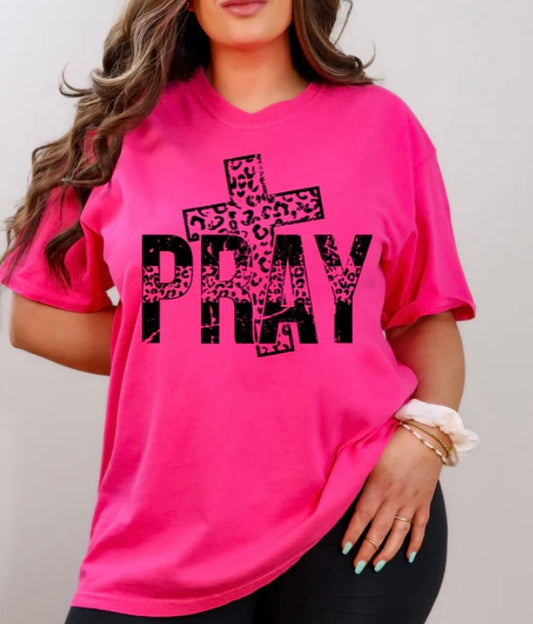 Pray with Leopard Printed Cross Adult Shirt